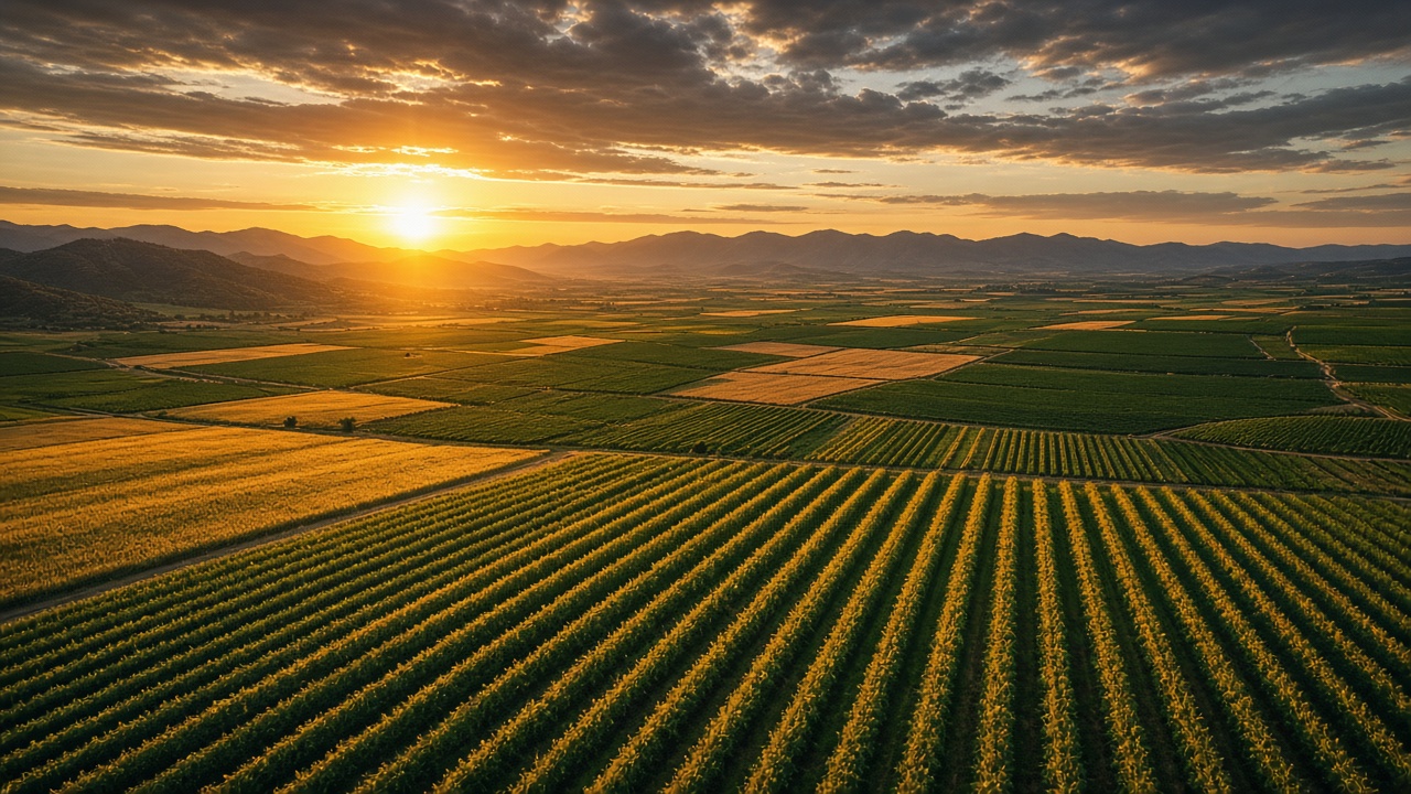Campos agrícolas al atardecer, vistos desde el aire