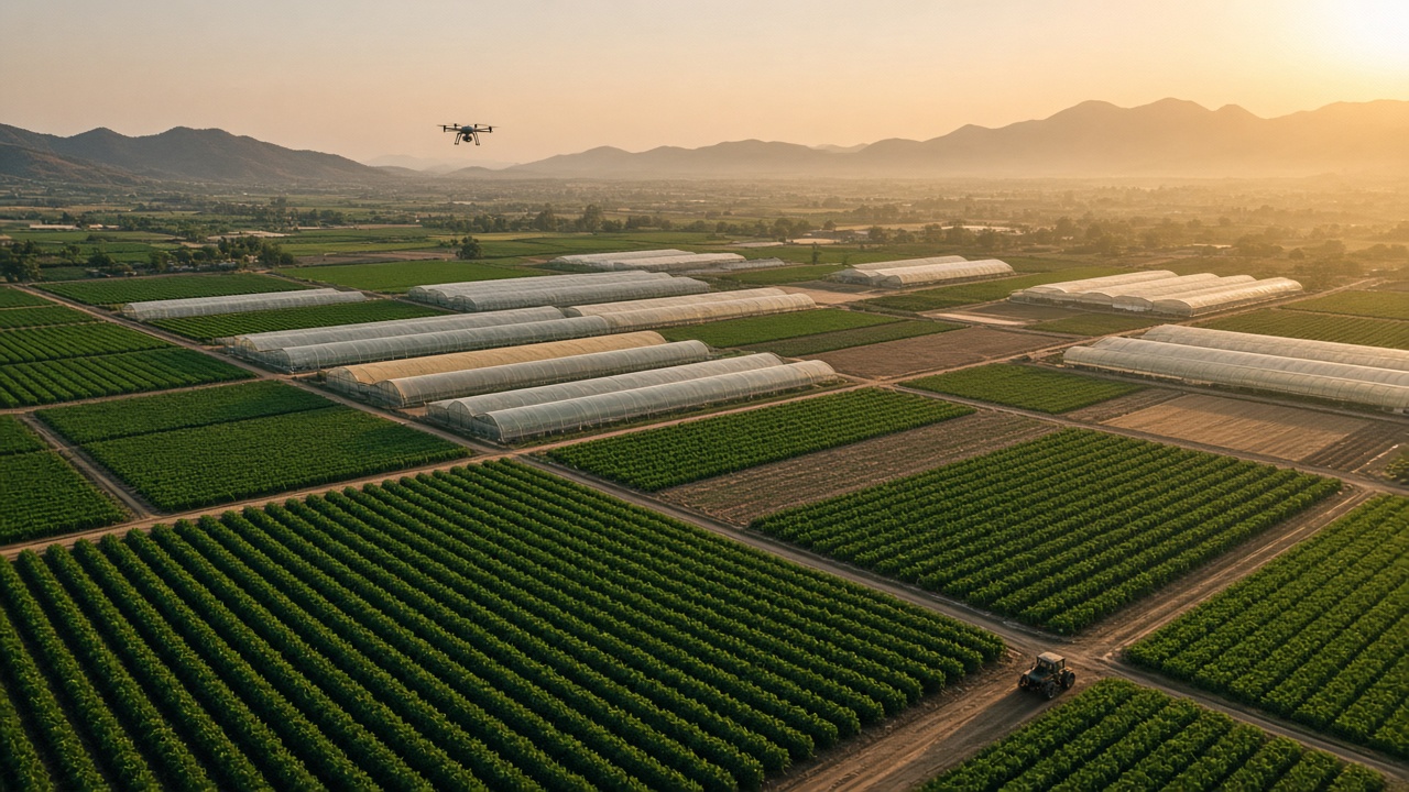 Valle agrícola tecnificado con invernaderos, parcelas y luz de atardecer
